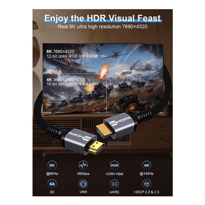 Cable Hdmi 8k 2.1 Hdr 20 Metros 48gbps 8k 10k 60hz 4k 120hz 2
