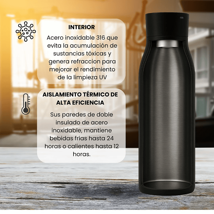 Botella de Agua Autolimpiante UV Tawo 750 ml Negra – con Purificador Inteligente y Recordatorio de Hidratación 3