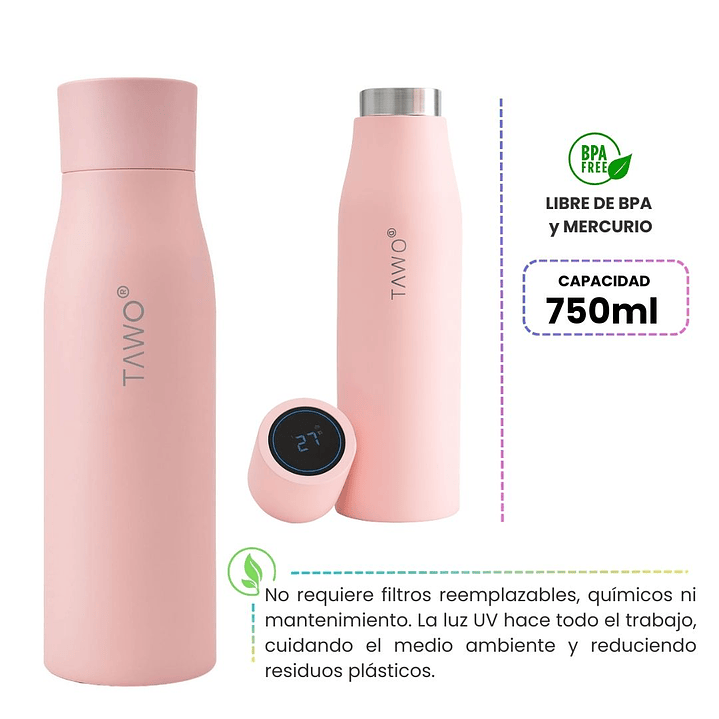 Botella de Agua Autolimpiante UV Tawo 750 ml Rosado – con Purificador Inteligente y Recordatorio de Hidratación 6