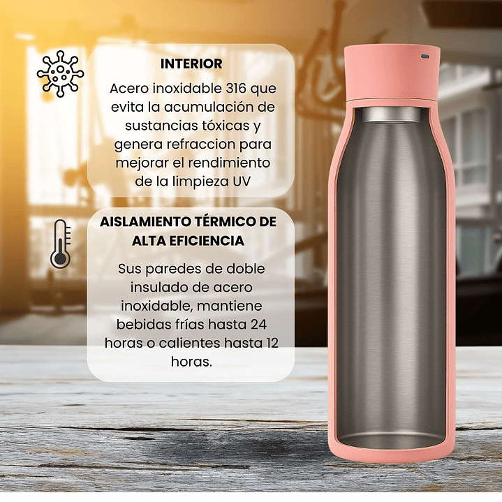 Botella de Agua Autolimpiante UV Tawo 750 ml Rosado – con Purificador Inteligente y Recordatorio de Hidratación 3