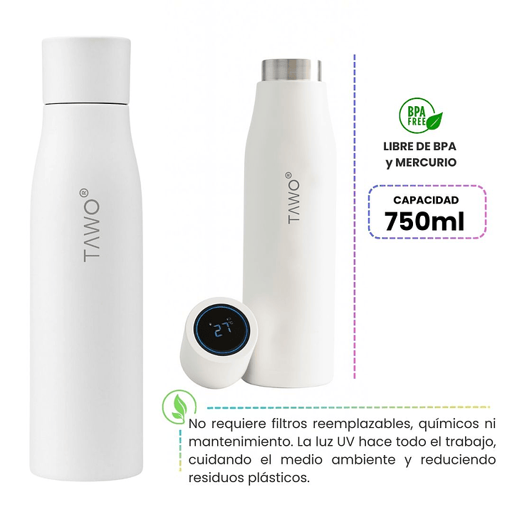 Botella de Agua Autolimpiante UV Tawo 750 ml Blanca – con Purificador Inteligente y Recordatorio de Hidratación 6