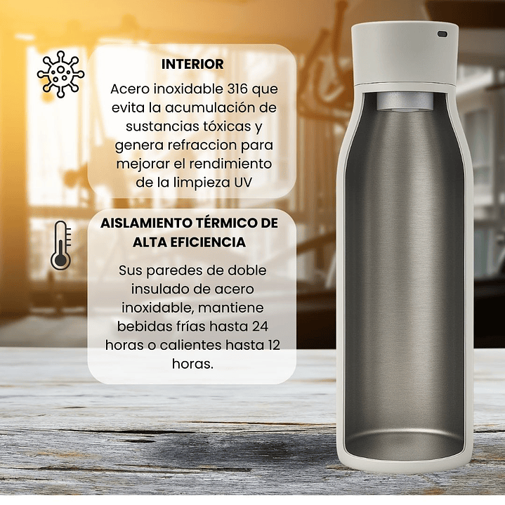 Botella de Agua Autolimpiante UV Tawo 750 ml Blanca – con Purificador Inteligente y Recordatorio de Hidratación 3
