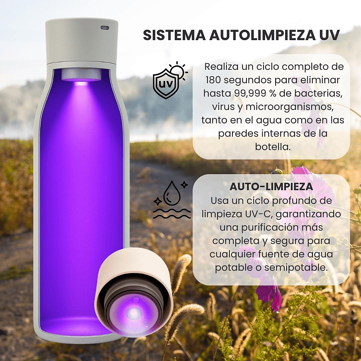 Botella de Agua Autolimpiante UV Tawo 750 ml Blanca – con Purificador Inteligente y Recordatorio de Hidratación 2