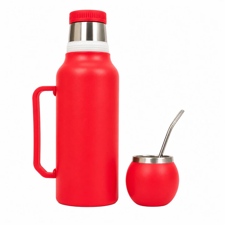 Termo Mate Acero Inoxidable 1.3 Litros Rojo + Mate y Bombilla 3