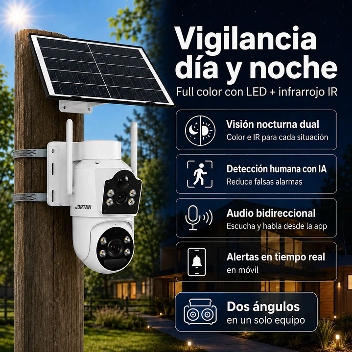 Cámara de Seguridad Exterior Solar 4G Chip SIM Doble Lente Jortan JT-9682 5