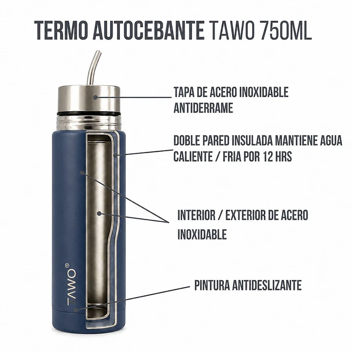 Termo Mate Autocebante Acero Inoxidable 2 en 1 Tawo 750 Ml - Azul Marino 7