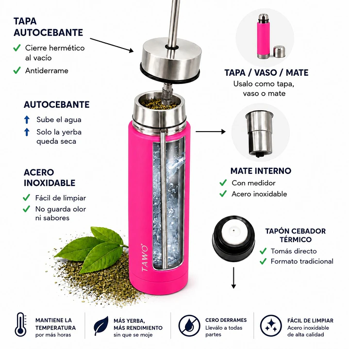 Termo Mate Autocebante Acero Inoxidable 2 en 1 Tawo 750 Ml - Fucsia 5