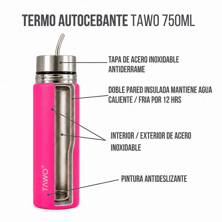 Termo Mate Autocebante Acero Inoxidable 2 en 1 Tawo 750 Ml - Fucsia 8