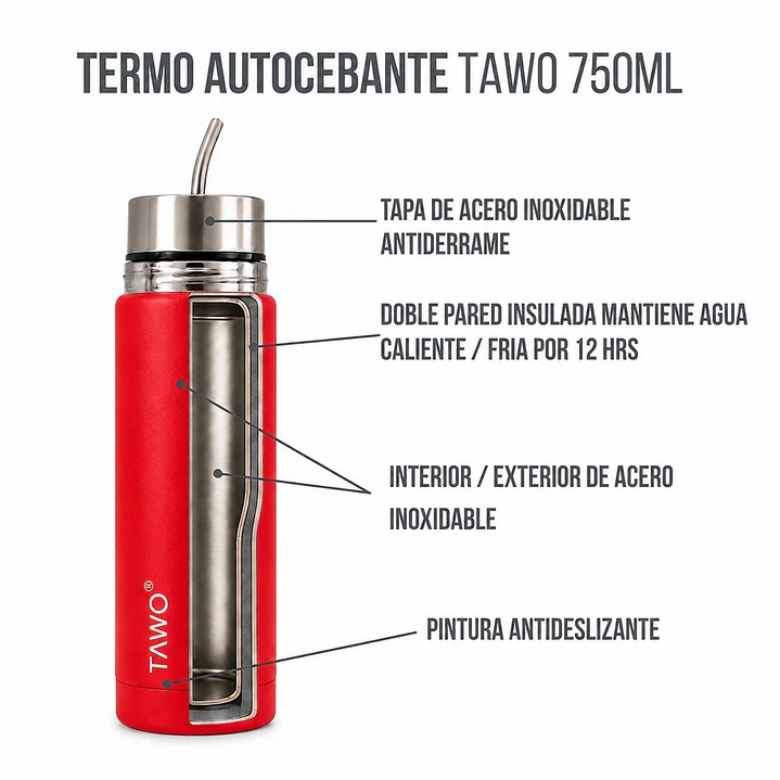 Termo Mate Autocebante Acero Inoxidable 2 en 1 Tawo 750 Ml - Rojo 7