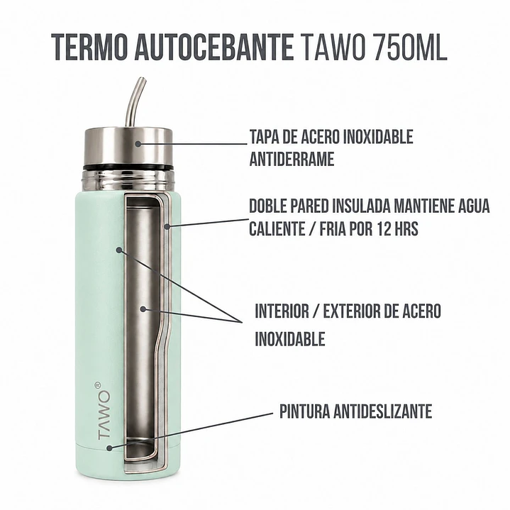 Termo Mate Autocebante Acero Inoxidable 2 en 1 Tawo 750 Ml - Verde Claro 7