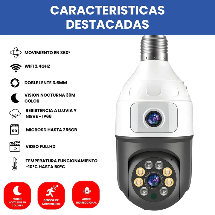 Cámara Ampolleta WiFi Full HD Doble Lente y Visión 360° Motorizada Jortan JT-9696 6