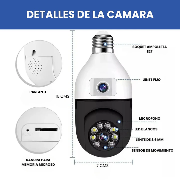 Cámara Ampolleta WiFi Full HD Doble Lente y Visión 360° Motorizada Jortan JT-9696 9