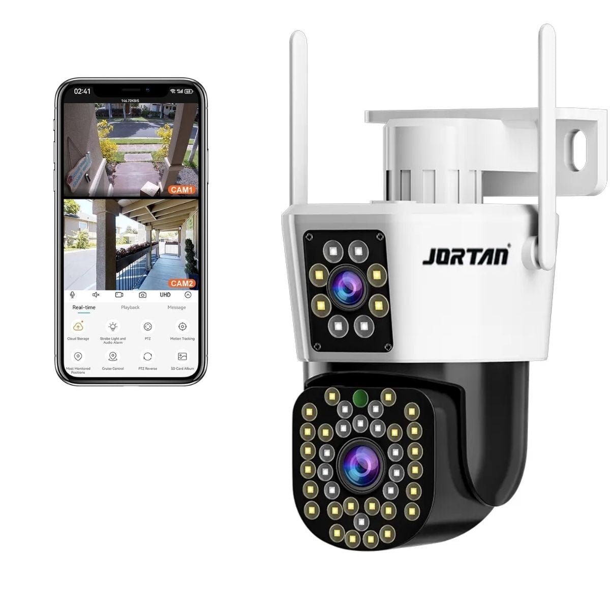 Cámara de Seguridad Exterior WiFi 4MP Doble Lente Visión Nocturna y Alarma Jortan JT-8293