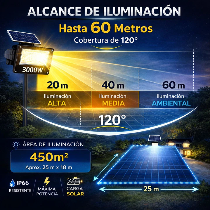 Reflector Solar LED Jortan 3000W Exterior IP66 con Panel y Control Remoto 2
