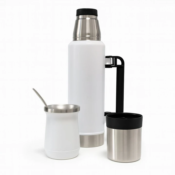 Termo De Acero Inoxidable 1.3 Litros + Mate 236ml Con Bombilla Color Blanco 1
