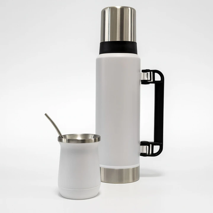 Termo De Acero Inoxidable 1.3 Litros + Mate 236ml Con Bombilla Color Blanco 2