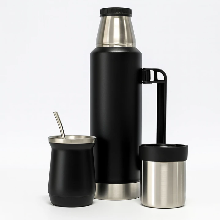 Termo De Acero Inoxidable 1.3 Litros + Mate 236ml Con Bombilla Color Negro 1