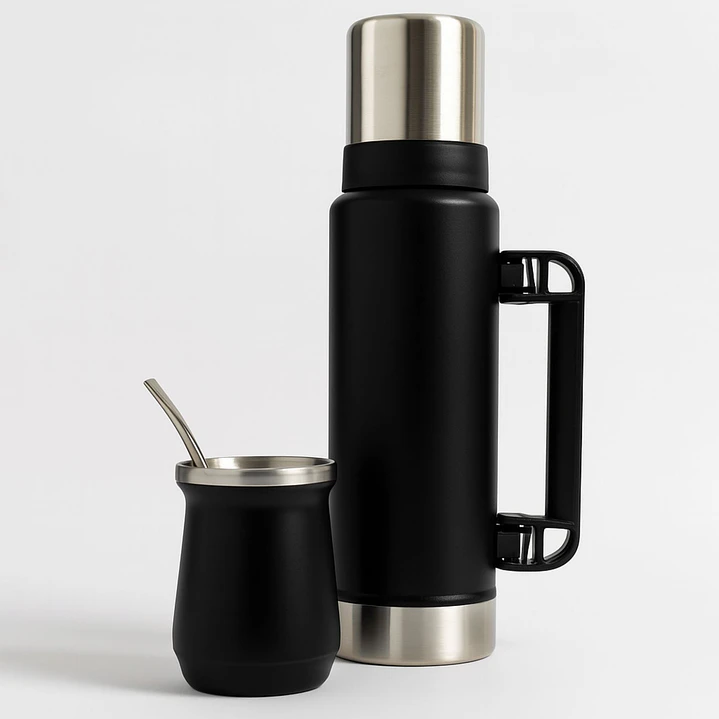 Termo De Acero Inoxidable 1.3 Litros + Mate 236ml Con Bombilla Color Negro 2