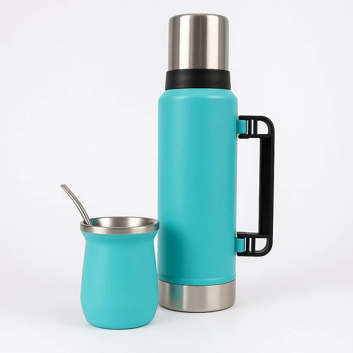 Termo De Acero Inoxidable 1.3 Litros + Mate 236ml Con Bombilla Color Turquesa 2