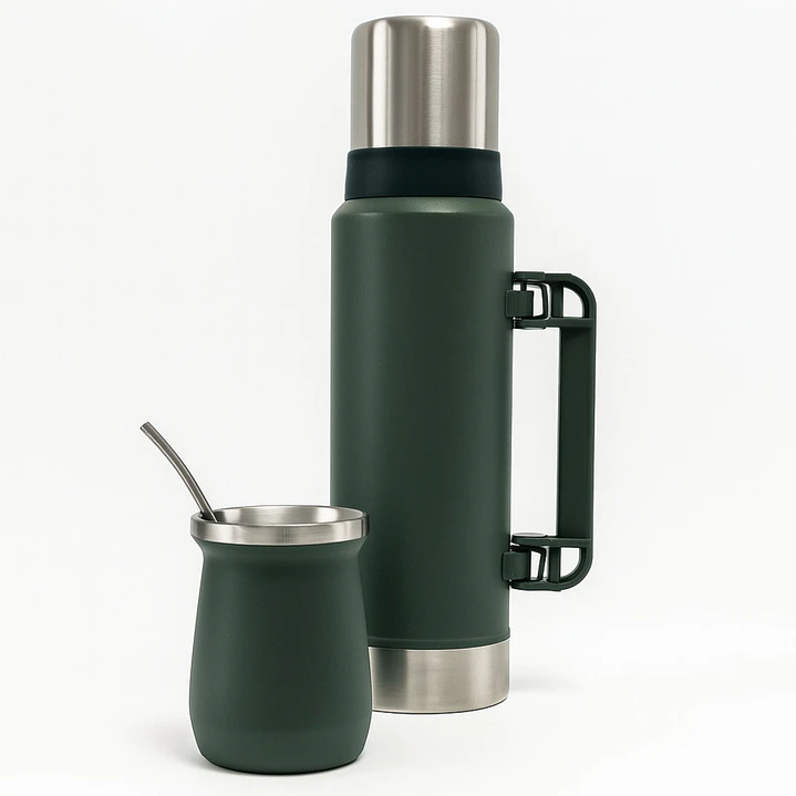 Termo De Acero Inoxidable 1.3 Litros + Mate 236ml Con Bombilla Color Verde 2