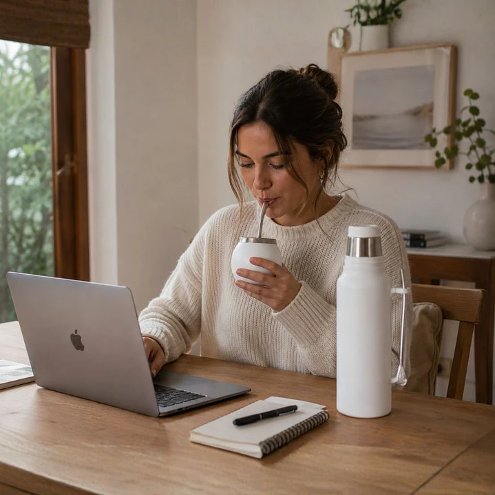 Termo Mate Acero Inoxidable 1.3 Litros Blanco + Mate y Bombilla 2