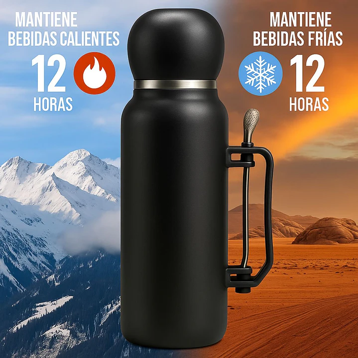 Termo Mate Acero Inoxidable 1.3 Litros Blanco + Mate y Bombilla 6