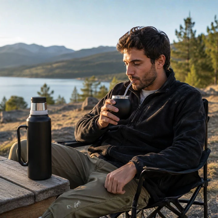 Termo Mate Acero Inoxidable 1.3 Litros Negro + Mate y Bombilla 2