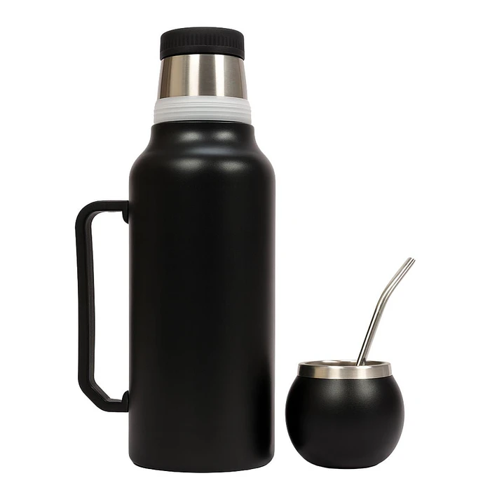 Termo Mate Acero Inoxidable 1.3 Litros Negro + Mate y Bombilla 3