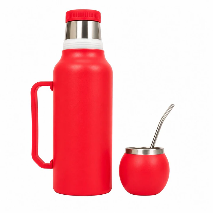 Termo Mate Acero Inoxidable 1.3 Litros Rojo + Mate y Bombilla 3
