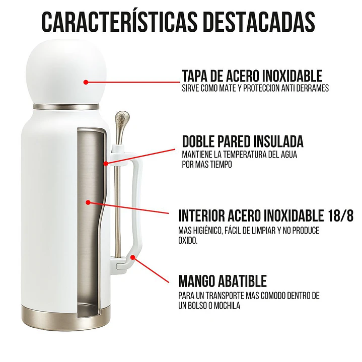 Termo Mate Acero Inoxidable 1.3 Litros Rojo + Mate y Bombilla 7