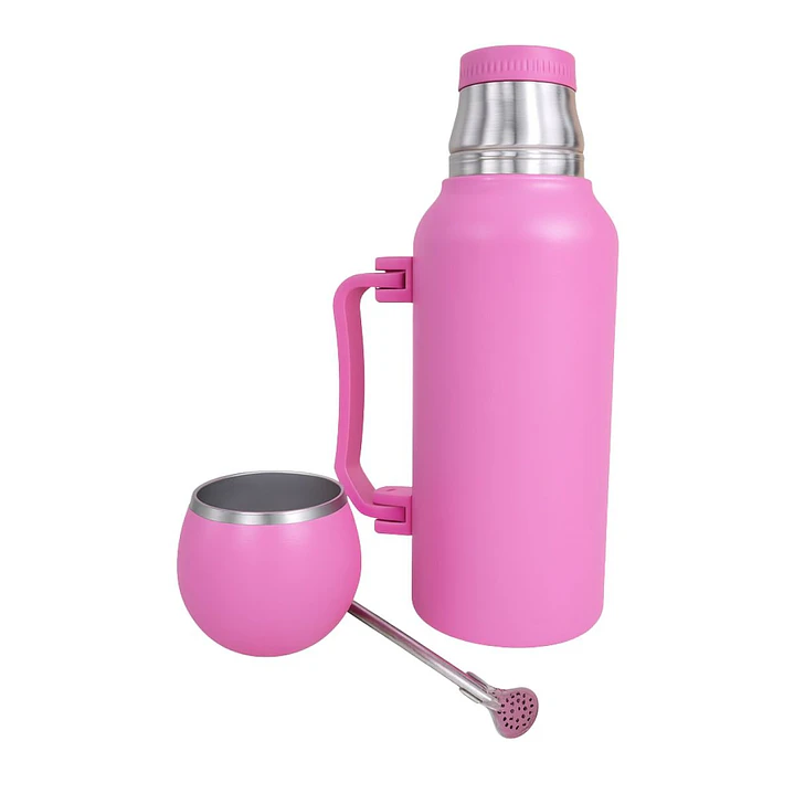 Termo Mate Acero Inoxidable 1.3 Litros Rosado + Mate y Bombilla 2