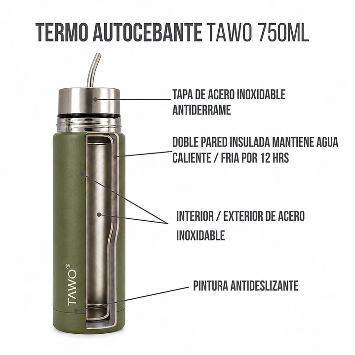 Termo Mate Autocebante Acero Inoxidable 2 en 1 Tawo 750 Ml - Verde 7