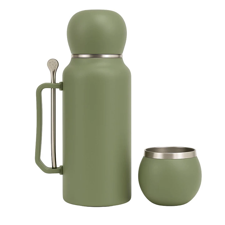 Termo Matero 1.3 Litros Acero Inoxidable + Mate Y Bombilla Verde 2