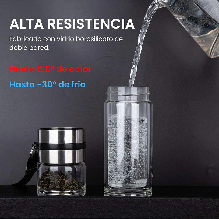 Botella con Infusor de Vidrio Doble Pared y Acero Para Te Infusiones 6