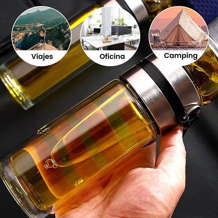 Botella con Infusor de Vidrio Doble Pared y Acero Para Te Infusiones 10