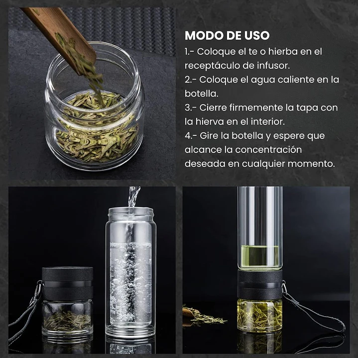 Botella con Infusor de Vidrio Doble Pared y Acero Para Te Infusiones 12