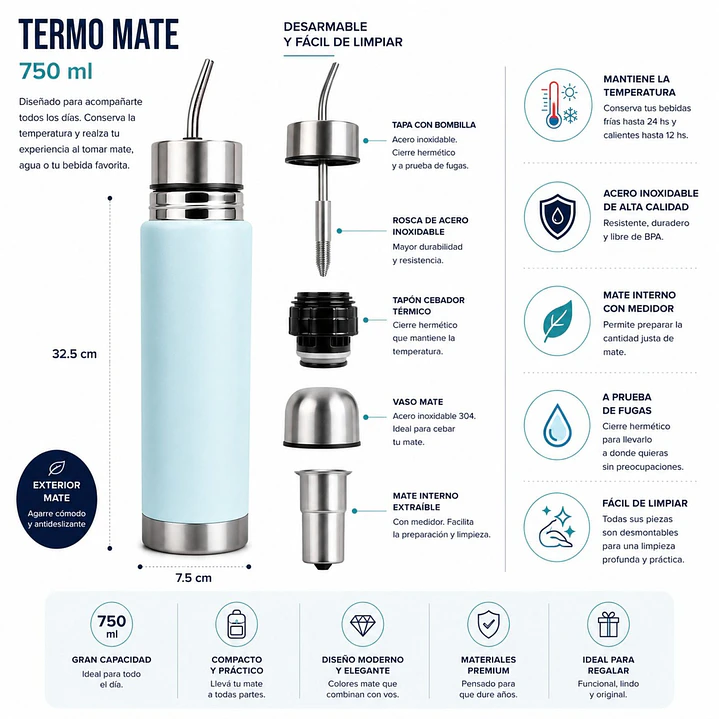 Termo Mate Autocebante Acero Inoxidable 2 en 1 Tawo 750 Ml - Celeste 9