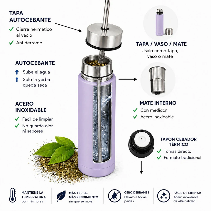 Termo Mate Autocebante Acero Inoxidable 2 en 1 Tawo 750 Ml - Morado 5