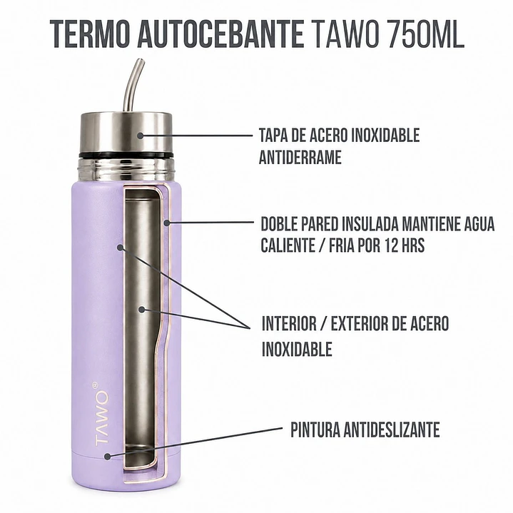 Termo Mate Autocebante Acero Inoxidable 2 en 1 Tawo 750 Ml - Morado 6
