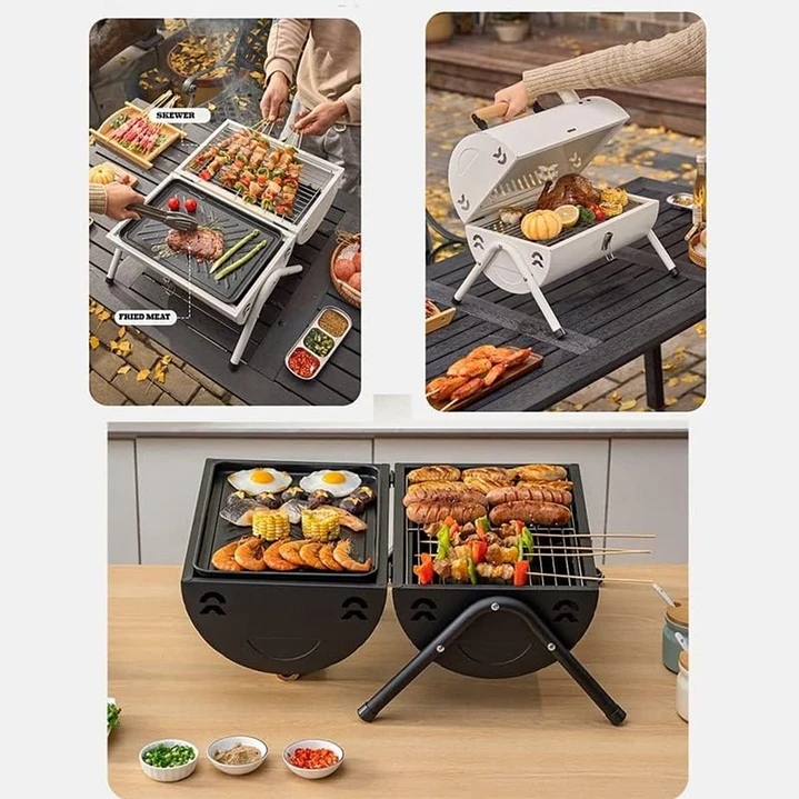 Parrilla De Carbón Portátil Bbq 2 En 1 Ahumador Negra Para Camping Terraza 7