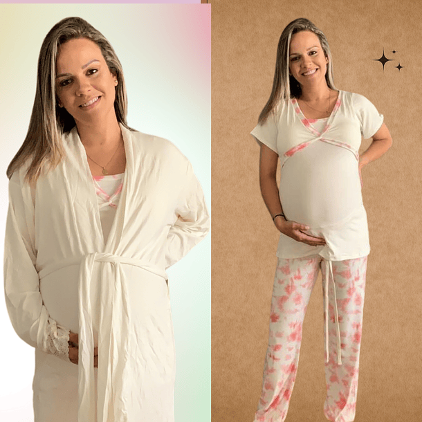 Pack Bata, Pijama Maternal Pantalon Floreado 6