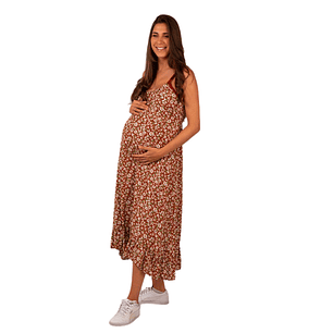 Vestido Maternal Tiritas Broche y Top Lactancia, MarronFlores