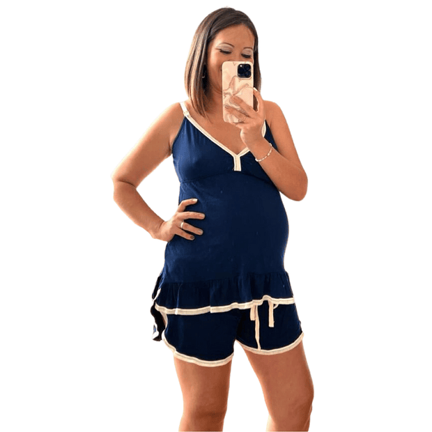 Pijama Maternal Short Polo Tirita, Broche Lactancia y Top, Algodon, Azul