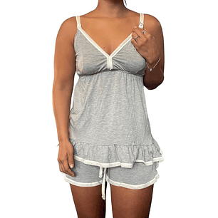 Pijama Maternal Short Polo Tirita, Broche Lactancia y Top, Algodon, Gris