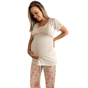 Pijama Maternal Pantalon Polo Cruzado Manga Corta Lactancia, Rosado