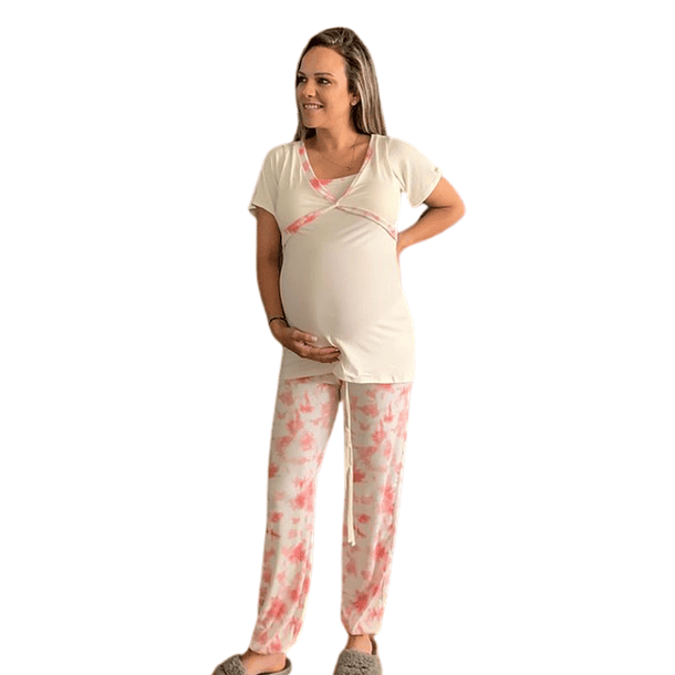 Pijama Maternal Pantalon Polo Cruzado Manga Corta Lactancia, Rosado 6