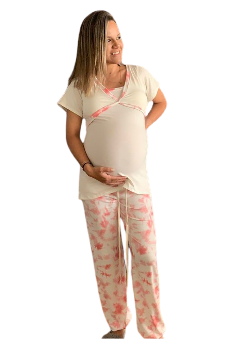 Pijama Maternal Pantalon Polo Cruzado Manga Corta Lactancia, Rosado 7