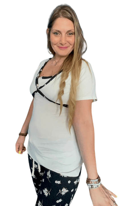 Pijama Maternal Cruzada Manga Corta: Dual-Skin - Negro Floreado