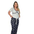 Pijama Maternal Pantalon Polo Cruzado Manga Corta Lactancia, FloreadoNegro 13