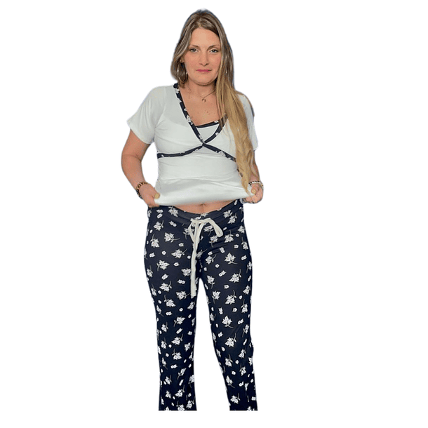 Pijama Maternal Pantalon Polo Cruzado Manga Corta Lactancia, FloreadoNegro 15